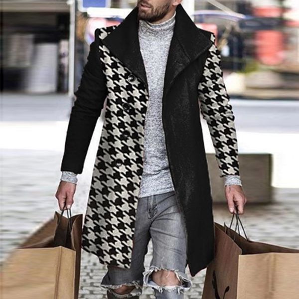 

men's wool blends retro houndstooth print splicing woolen coat men casual turn-down collar button jacket autumn winter pocket long wind, Black