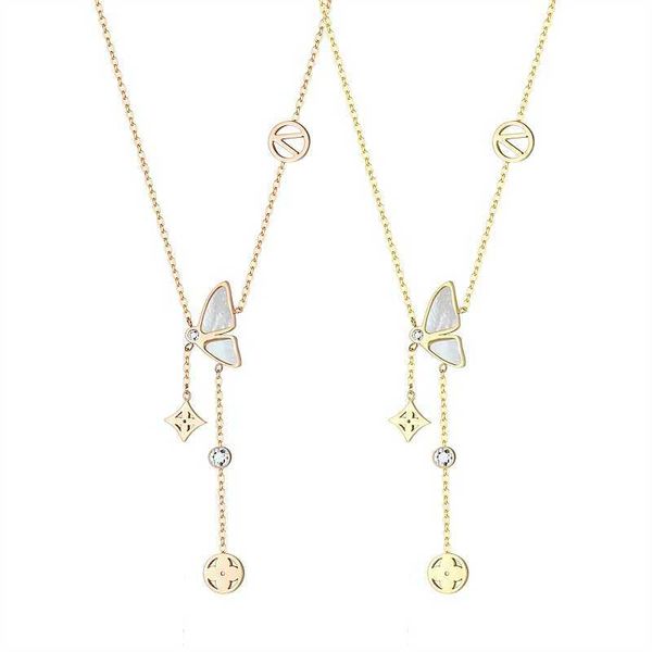 

pendant necklaces strands strings fashion four leaf grass pendant personality luxury butterfly titanium steel necklace women v trend persona, Silver