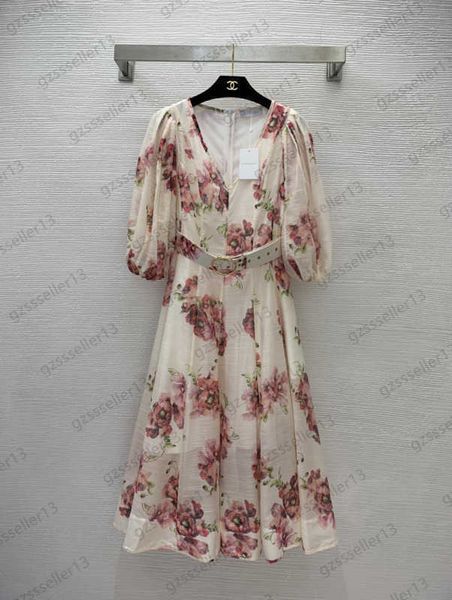 

womens designer dress brand casual dresses deep v-neck lantern sleeve belt collect waist ball gown dresses soft lined floral print folds max, Black;gray