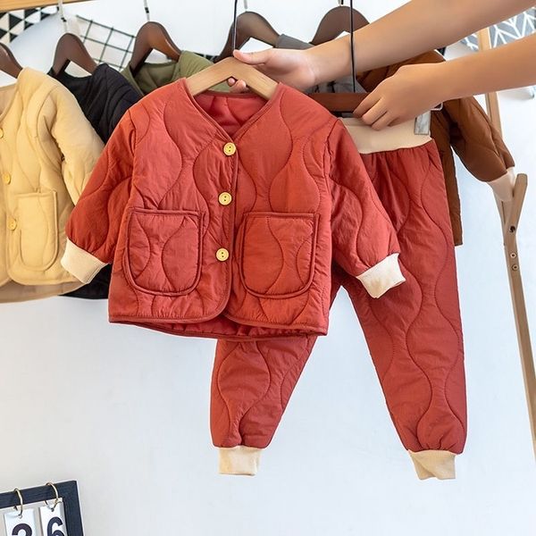 

clothing sets winter cute girls quilted warm clothes kids boys thicken pullover and thick pants 2pcs boy suit for kindergarten 221121, White