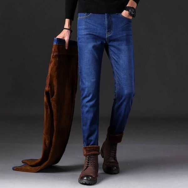 

men's tracksuits shujin men winter brand straight fleece thick warm jeans youth business casual elasticity trousers high waist denim pa, Gray