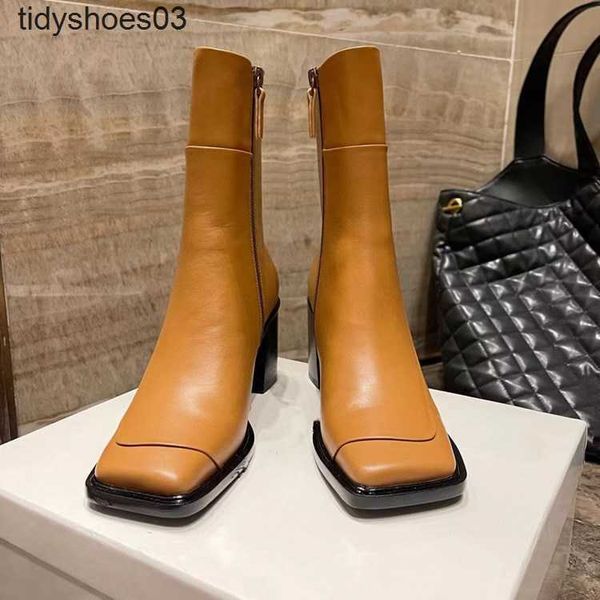 

row designer the leather high heel martin boots for women in autumn and winter 2022 new style square head side zipper thin leg thick heel hp
