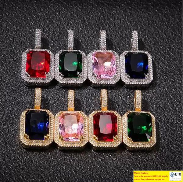 

mens bling big square faux lab ruby pendant necklace 24rope chain gold plated iced out sapphire rock rap singer hip hop jewelry for gift, Silver