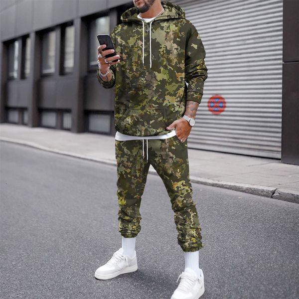 

men's hoodies sweatshirts fashion camouflage 3d printed man longsleeved hoodiepants suit casual pullover loose sweatshirt set sportswea, Black