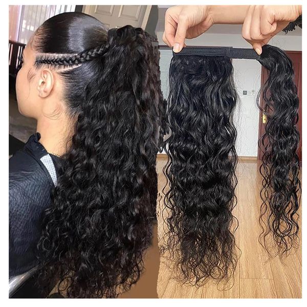 

natural wavy drawstring ponytail human hair extension brazilian wraps clip in extensions er hd girls women remy long high wavy puff pony tai, Black