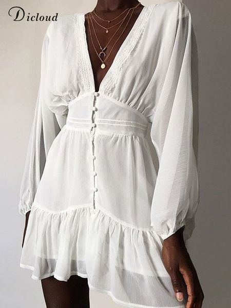 

casual dresses dicloud summer for women plunge v neck white lace long sleeve mini wedding party dress ruffle elegant clothing 221121, Black;gray