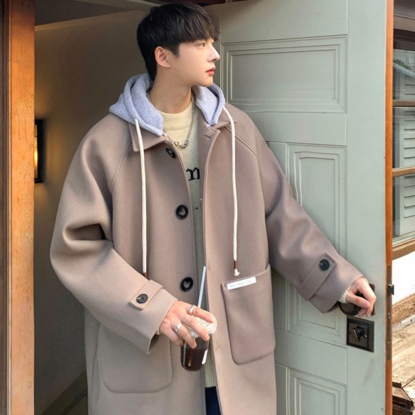 

men's wool blends autumn winter fashion men's woolen coats hooded solid single breasted lapel long coat thick jacket casual overco, Black
