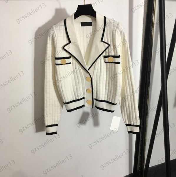 

designer womens sweater custom button lapel slim knit sweaters color contrast bag edge pocket beam sleeve knitwear fashion commuting style w, White;black