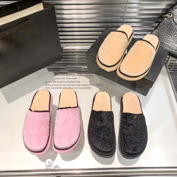 

new woolly slipper women fashion muller shoes thick sole designer warm round head leather rubber non-slip herringbone outdoor beach shoes bo, Black