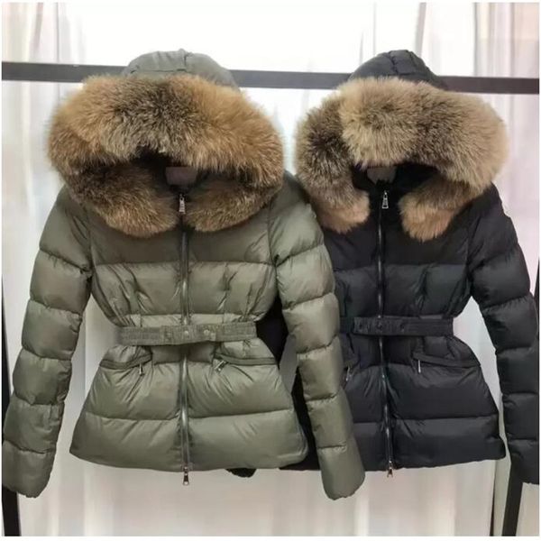

2022womens down jacket winter jackets coats real raccoon hair collar warm fashion parkas with belt lady cotton coat outerwear big pocket, Black