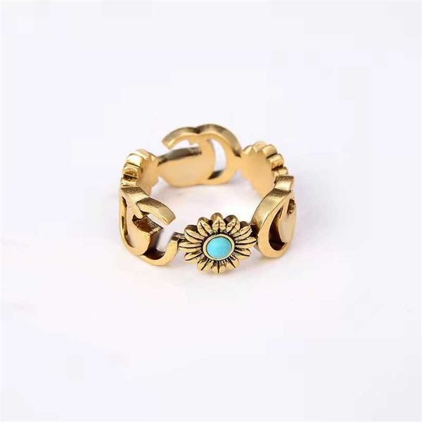 

2023 jewelry ring bronze double flower turquoise ring for couples, Silver