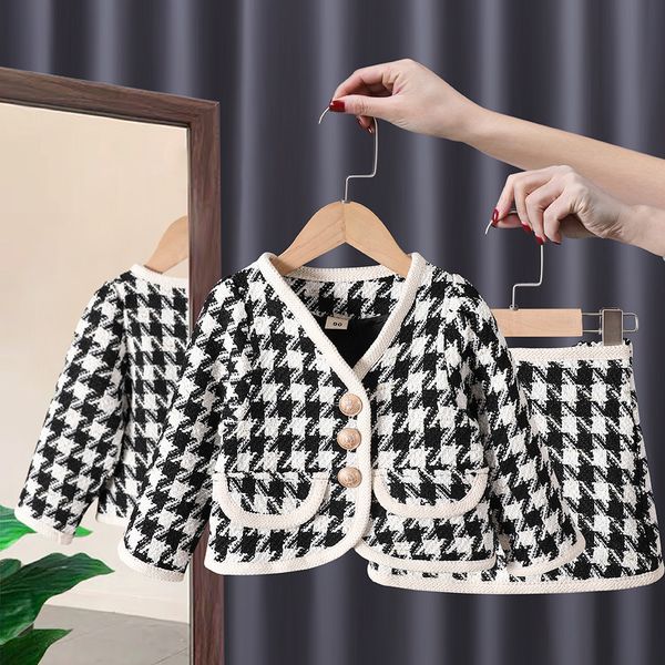 

baby autumn dress girls' suit baby cardigan short skirt houndstooth checkered little fragrant springfashionable and foreign others appa, Black;white