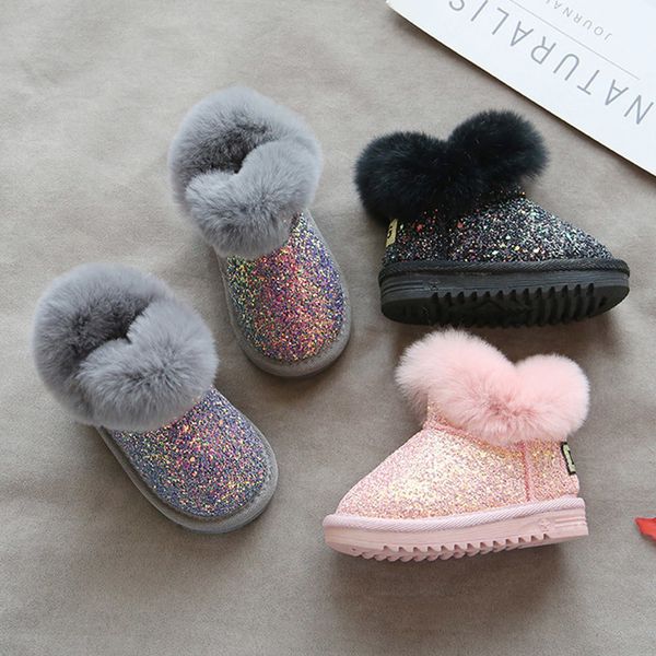 

boots children snow 0-10 years for baby pink girls kids winter shoes warm plush fashion platsform short black gray 221122, Black;grey
