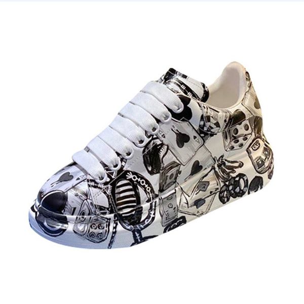 

printed women ankle boot lace up men casual sneakers patchwork woman chunky heel shoe, Black