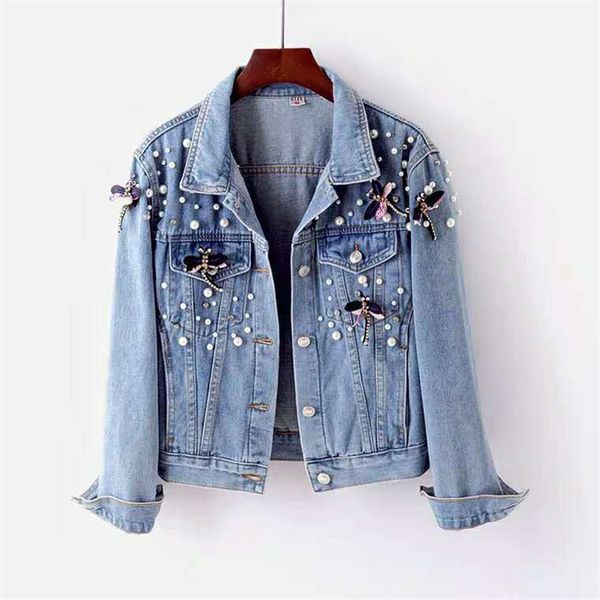 

women's jackets autumn denim coat women beading loose overcoat jeans basic coats streetwear long sleeve casual outerwear p688 221122, Black;brown
