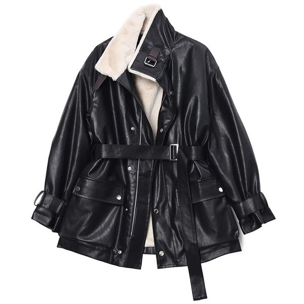 

women's leather faux black biker moto outwear autumn winter fake sheepskin coats woman streetwear warm thick lambs fur jacket female 22