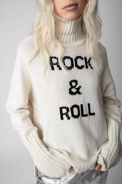 

zadig & voltaire women designer cashmere sweater loose rock letter jacquard sweaters soft high neck sweatshirt, White;black