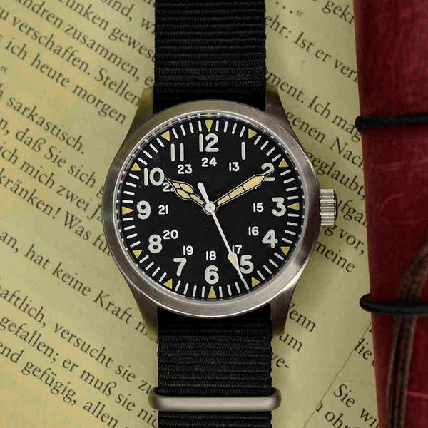 

homage mens watch hml-h704 black dial wath automatic mechanical japan nh35 us army retro wristwatch h6fi, Slivery;black