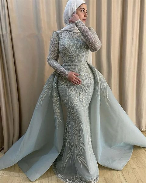 

sparkly beaded turkey muslim evening dress long sleeve dubai silver luxury prom dress with overskirt mermaid robe de soree, Black