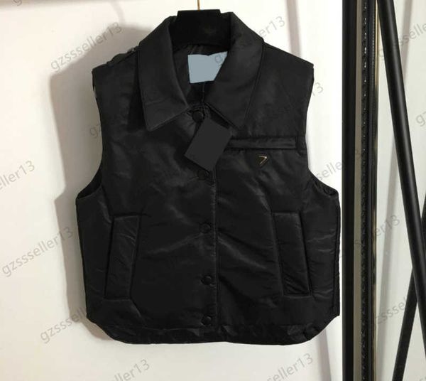 

womens down parkas metal triangle logo embellished zipper pocket sleeveless winter coats vest single row button open short jacket women clot, Black