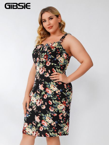 

plus size dresses gibsie plus size floral print tie front spaghetti strap dress women boho beach casual summer slim fit bodycon dresses 4xl, Black