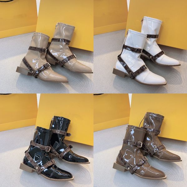 

ankle strap buckled patent leather ankle boots designer women lady shoes classic brown black zip back booties italy brand fashion cage booti