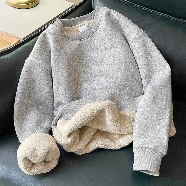

men's hoodies sweatshirts winter fleece thickened sweatershirts men's loose o-neck warm hoodless cold-proof bottoming shirt solid, Black