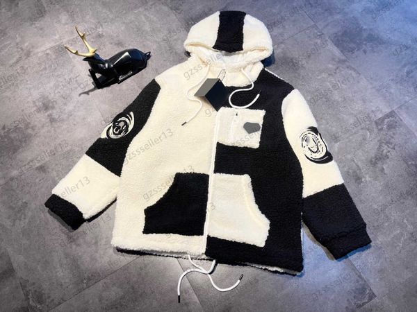 

jacket womens short luxurylimited style contrasting color patchwork lamb wool jackets symmetrical pocket design garments drawstring hooded c, Black;brown
