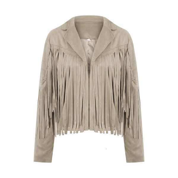 

womens jackets imcute vintage lapel long sleeve fringe cropped hippie motor biker cardigan outwears faux suede tassel jacket 221122, Black;brown