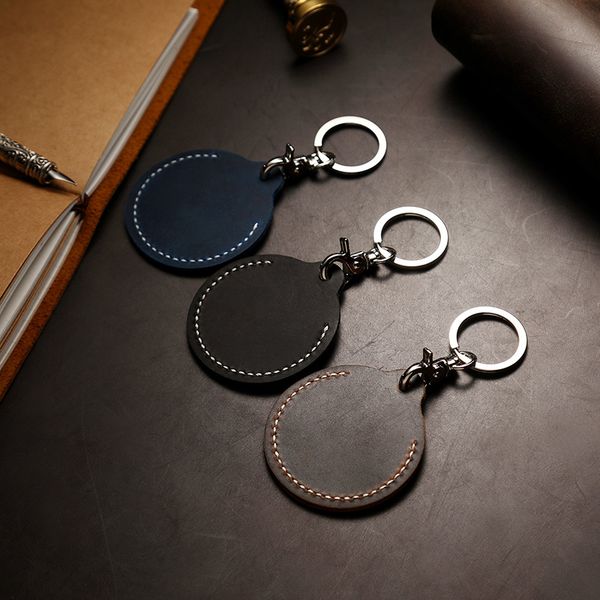

leather elevator card protective sleeve keychain portable round ic bag key ring door access sensor cowhide key chain, Silver