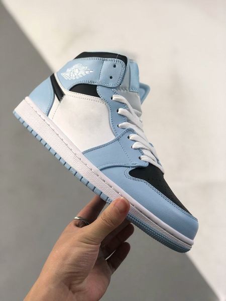 

with box 1 mid ice blue basketball shoes men women black white 1s sneaker