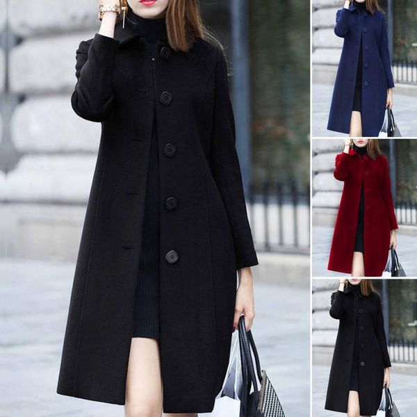

womens wool blends midlength singlebreasted turndown collar women coat elegant soft cardigan warm lapel long sleeves winter jacket overcoat, Black