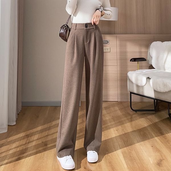 

women's pants capris woolen wide-leg women fall winter elastic high-waisted trousers female vintage thick fleece straight pant 221122, Black;white