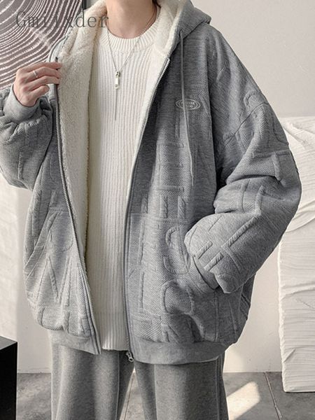 

men's leather faux gmiixder lamb wool padded jacket winter thickened youth hoodies hong kong style handsome loose all match hooded swea, Black