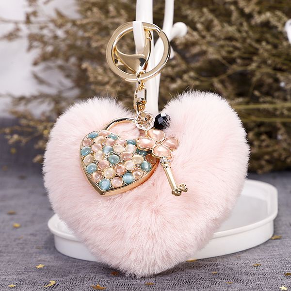 

s3348 plush heart key rings for women faux fur love bag pendant keychain cat's eye pendant keyring, Slivery;golden