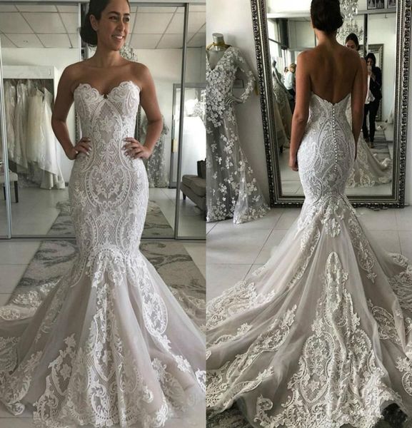 

2023 gorgeous mermaid wedding dresses bridal gown lace applique sweetheart neckline sweep train custom made vestidos de novia plus size, White