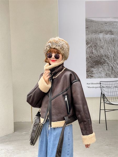 

women's jackets zvri winter thick faux leather coat warm lamb biker female casual belt outwear ladies 221122, Black;brown