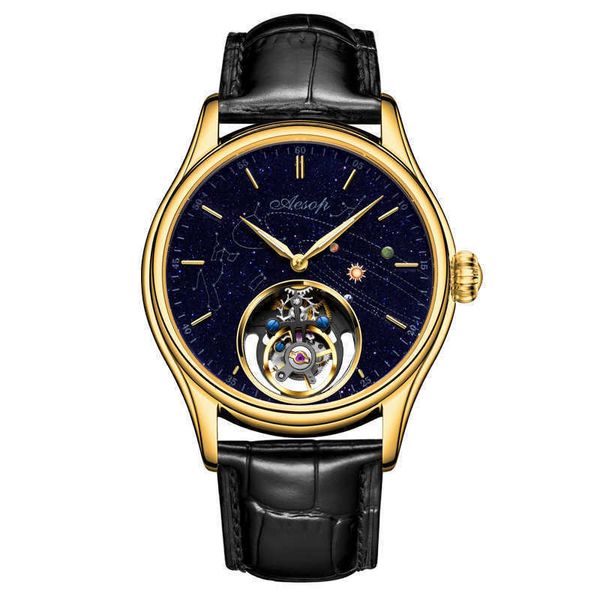 

aesop men tourbillon mechanical sapphire watch men's luxury star sky clock business man clocks wristwatches montres homme 1012, Slivery;brown