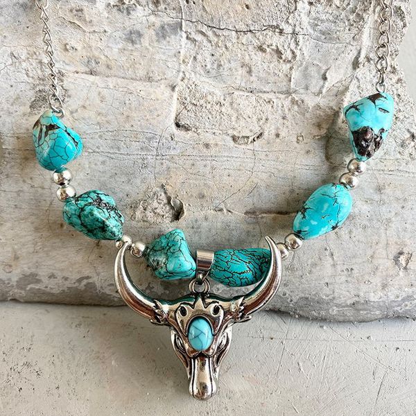 

chokers ethnic turquoise cow tauren cross pendant necklace long cushaw flower tribe jewelry wholesale 221121, Golden;silver