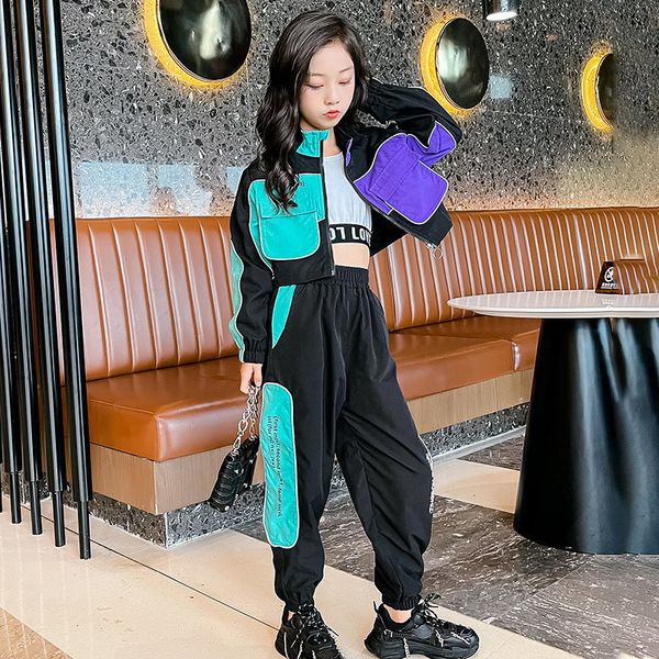 

clothing sets teenage girls fashion patchwork color clothes streetwear tracksuit jacketpants 2pcs reflective outfits kids 8 9 10 11 12 13 14, White