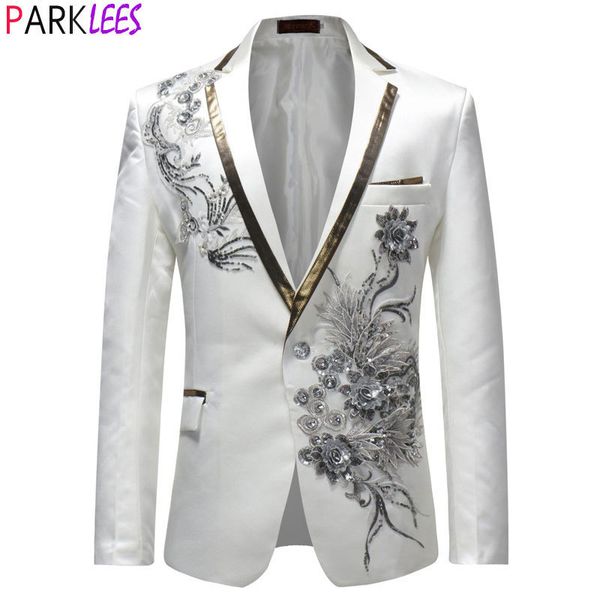 

men's suits blazers white floral sequin embroidery jacket men wedding groom tuxedo mens one button lapel stage costume homme 221121, White;black