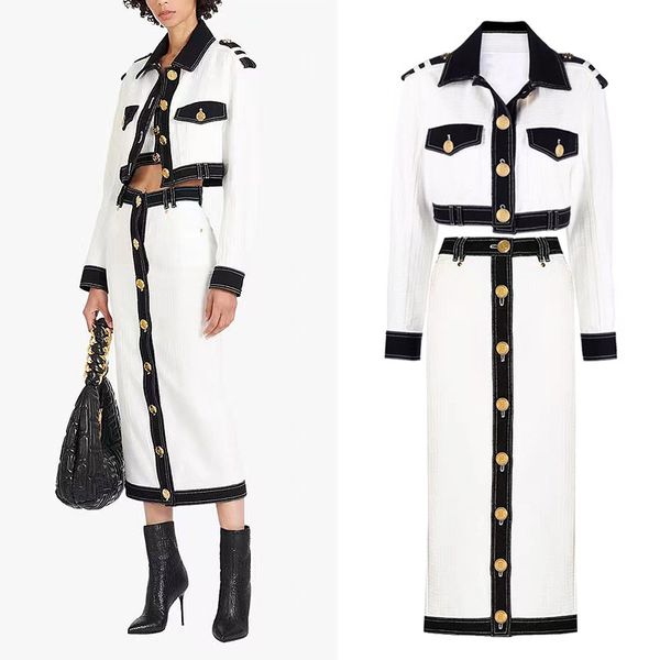 

two piece dress 2022's new high-end fashion simple denim high waist temperament commuting thin short coat and skirt suit, White