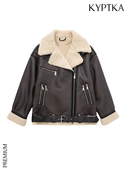 

womens jackets kyptka women fashion with belt thick warm faux shearling jacket coat vintage long sleeve zipperup female outerwear chic 2211, Black;brown
