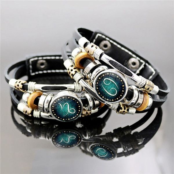 

luminous 12 constellation bracelet men women glass gem p leather 12 zodiac sign bracelet for boys girls couple gift, Golden;silver