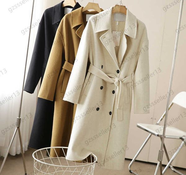 

womens coat wool retro style double button design pure color long sleeve trench coats belt pull up waist line embellish body proportion oute, Black
