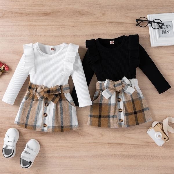

clothing sets toddler kids girls 2 pieces outfit long sleeve knitted ribbed solid color bowknot buttons plaid mini skirt set 9m4t 221121, White