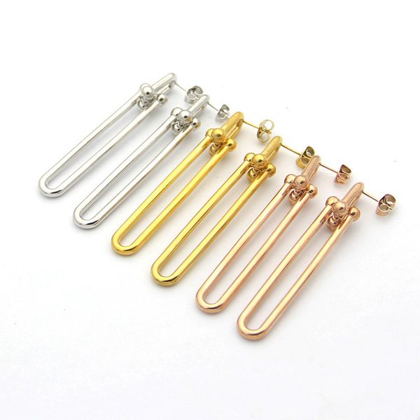 

womens u-shaped earrings two section long ear studs designer jewelry studs gold/silvery/rose full brand as wedding christmas gift, Golden;silver