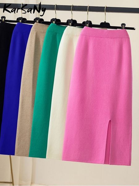 

skirts karsany long thick winter for women high waist bodycon split skirt green office maxi knitted autumn 221122, Black