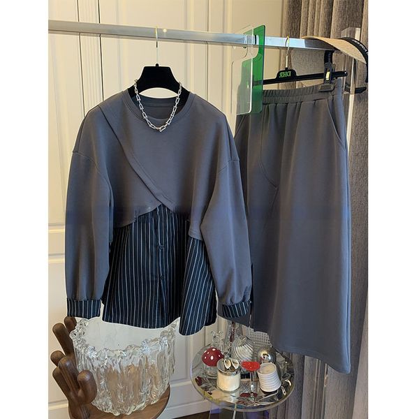 

two piece dres patchwork two piece suit o neck long sleeved t shirt solid split skirt set casual loose pullover straight 221122, White