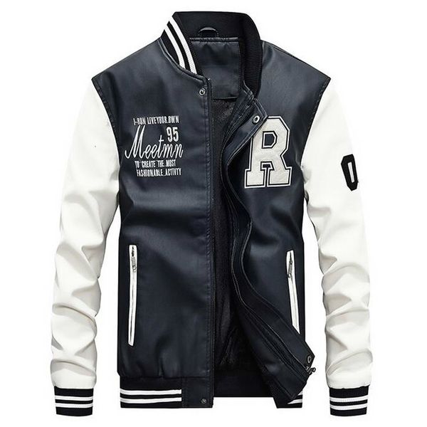 

men's leather faux brand embroidery baseball jackets stand moto biker jacket casual fleece thicken coat m-4xl 221122, Black